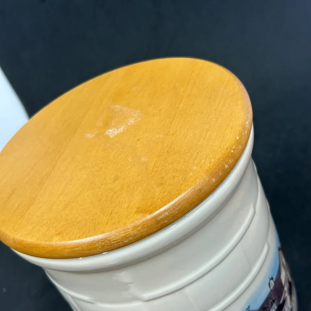 Longaberger Homestead Pottery Canister with Wood Lid Ivory Basketweave USA